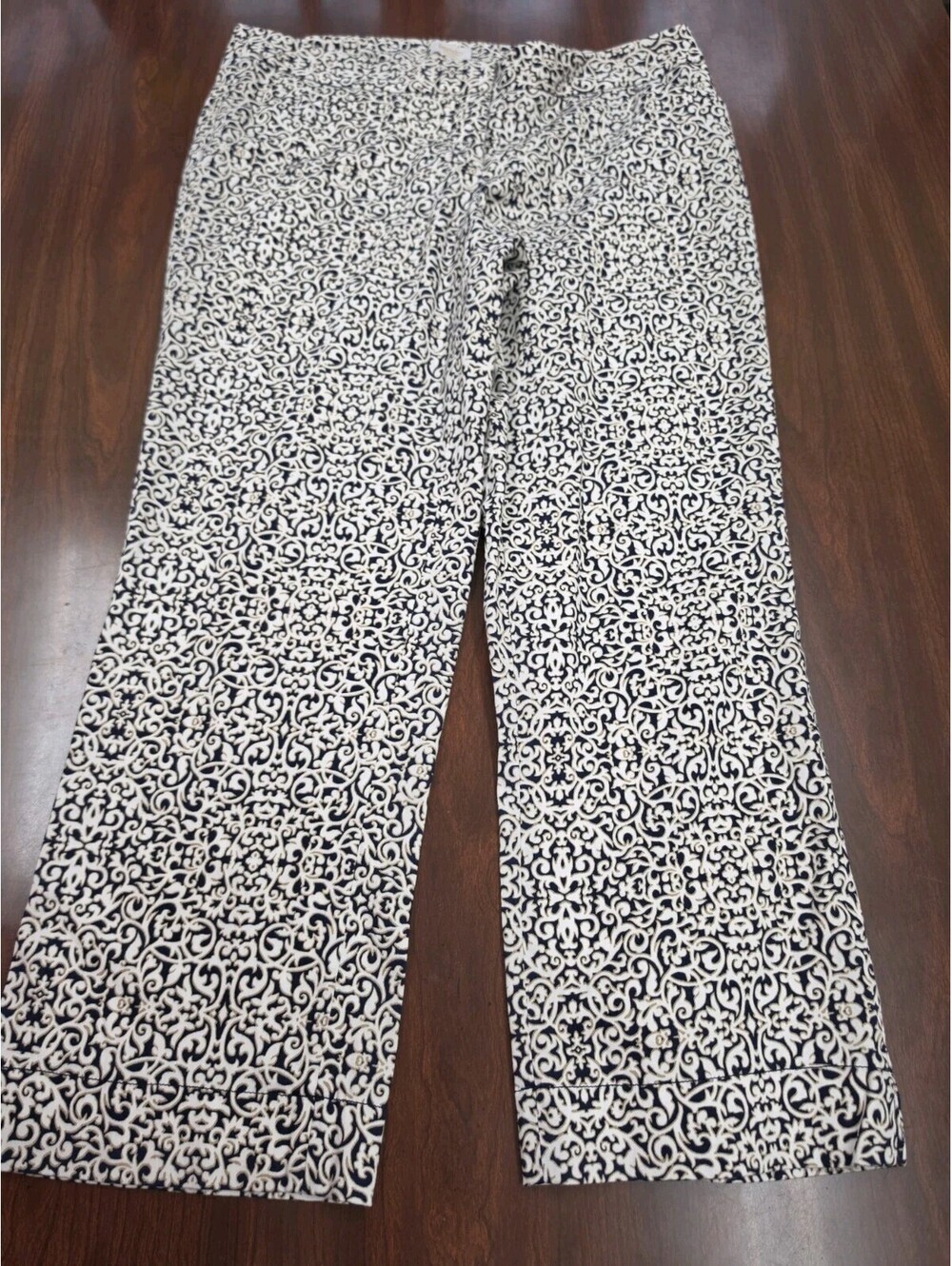 Laundry by Shelli Segal Pants Size 8 Blue Cream Damask Scroll Print Crop Stretch